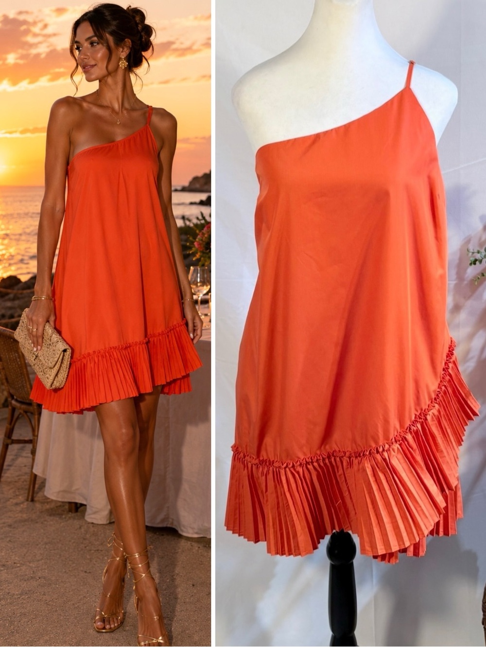 Strut & Bolt One-Shoulder Pleated Ruffle Hem Mini Dress Pockets Size M💚